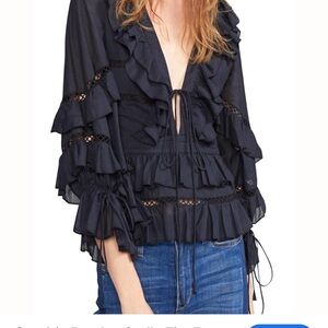 Cynthia Rowley Stella Black Tie Front Tiered Ruffle Top